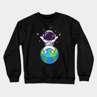 Cute Astronaut Sitting On Earth With Star Cartoon Crewneck Sweatshirt